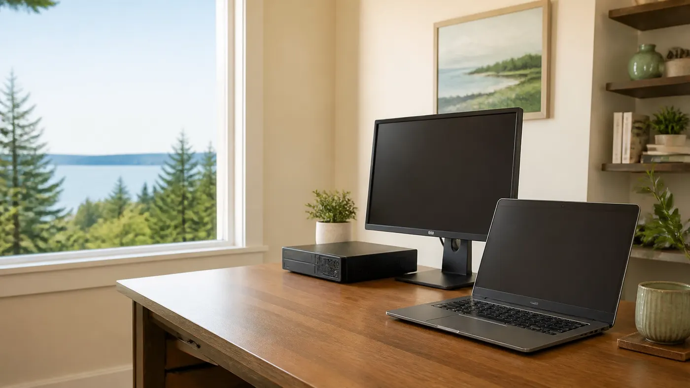 Finished laptop and desktop computer ready to use in a bright home office