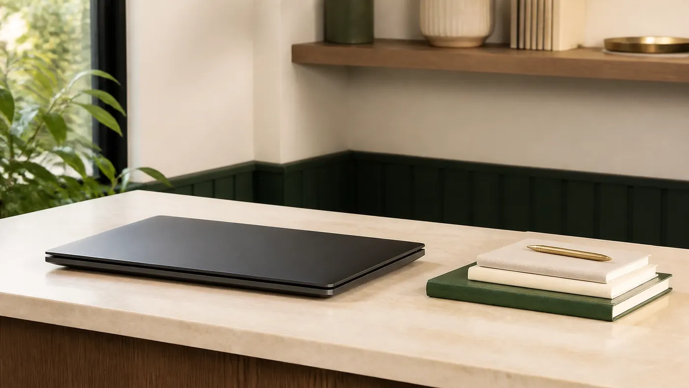 Slim dark HP laptop closed beside notebooks on a warm wood counter